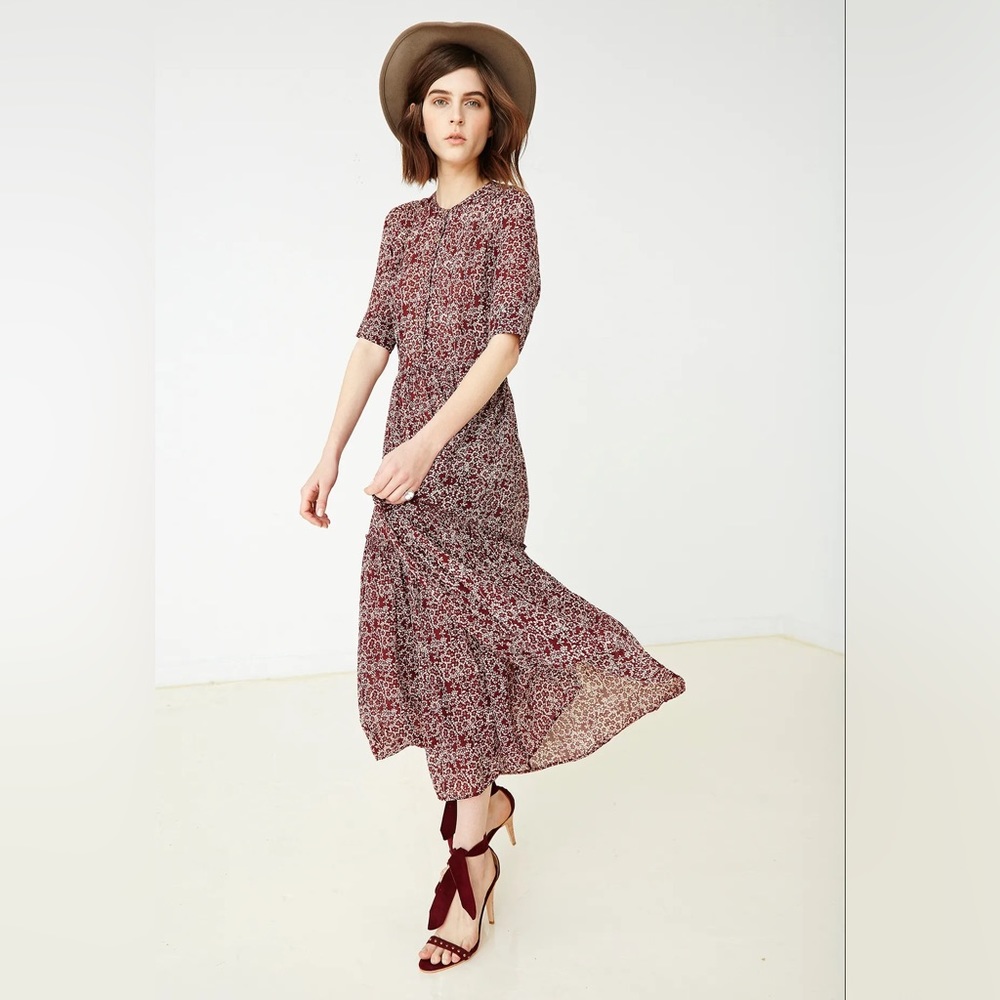 Ulla Johnson Silk Floral Majorelle Midi Drees Size 6 Bordeaux